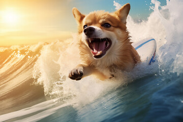 dog in water, dog on the beach, cute funny dog surfing on sea waves