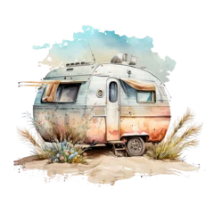 Deurstickers Caravan Camper on Beach Watercolor Art © GreenMOM