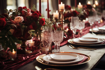 close up of wedding reception table setting with flower arrangements, aesthetic look