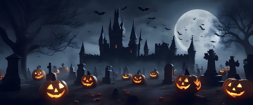 Graveyard to Castle: A Haunting Halloween Night, Moonlit Magic, and Bats in Flight! Your Spooky Holiday Event Banner Background.