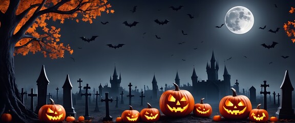Graveyard to Castle: A Haunting Halloween Night, Moonlit Magic, and Bats in Flight! Your Spooky Holiday Event Banner Background.