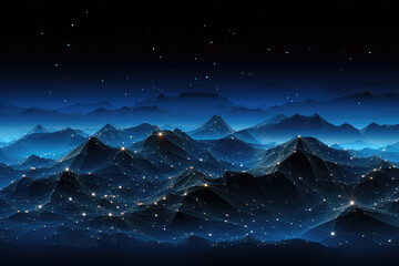 Abstract geometric background, virtual reality environment, cyber space landscape with mountains. Mesh surface glowing with neon light. 3D Topographic Map Background Concept. Geography Concept.