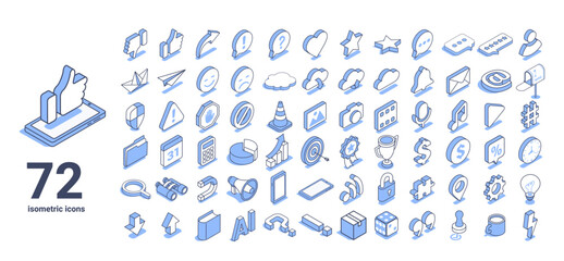 isometric vector illustration on a white background, a large set of icons on the theme of social networks and business, text bubbles with likes and emoticons