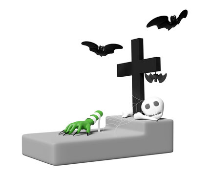 3d halloween holiday party with zombie hand, cemetery, skull, eye, bats isolated. 3d render illustration