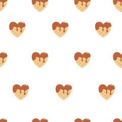 Waffle in the shape of a heart with chocolate glaze on white background. Seamless pattern. Texture for fabric, wrapping, wallpaper. Decorative print.
