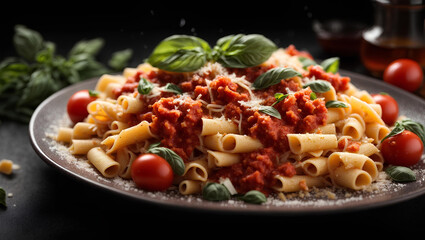 Tasty pasta with tomato sauce, parmesan and basil leaves in black plate on dark background. Italian dish.