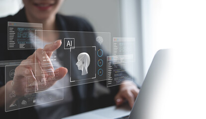 AI Artificial Intelligence. Business man using AI technology for data analysis, coding computer...