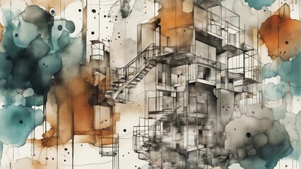 abstract watercolor background with hand drawn elements in grunge style