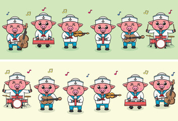 Obraz na płótnie Canvas Vector Illustration of Cute Pig sailors Music Band. Big set of cute Animal cartoon in professions. Pig Cartoon flat style.