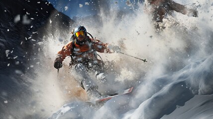 Highly Realistic and Immersive Photo of Skiers Carving Through Fresh Powder on a Majestic Mountain