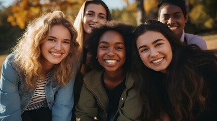 Multiracial best friends having fun outside, group of young people smiling at camera outdoors. friendship concept. generative AI