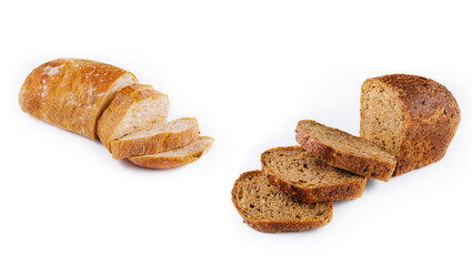 White and black loaf bread isolated on white