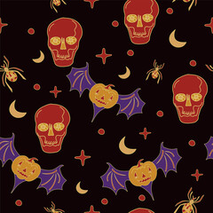 Happy Halloween. Pattern pumpkins, skulls, spiders, ghosts  Halloween concept. Halloween background design.