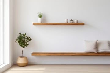 Wood floating shelf on white wall with wooden floor. Modern interior