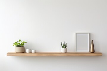 Wood floating shelf on white wall with wooden floor. Modern interior