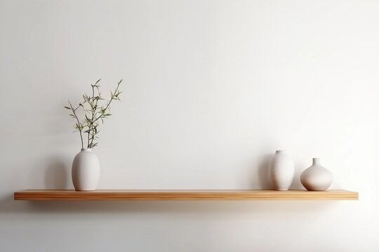 Wood floating shelf on white wall with wooden floor. Modern interior
