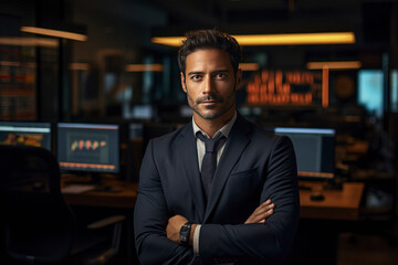 young and confident businessman in suit and standing at office.