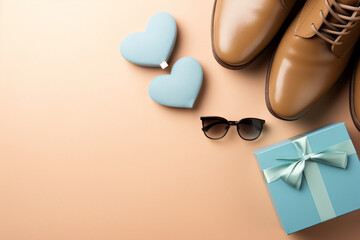 Celebrate Father's Day with this top view arrangement of leather shoes, hearts, accessories, blue necktie, cufflinks, and gift box on a pastel beige background