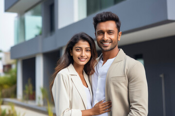 Obraz premium Young indian couple standing together in front of new home