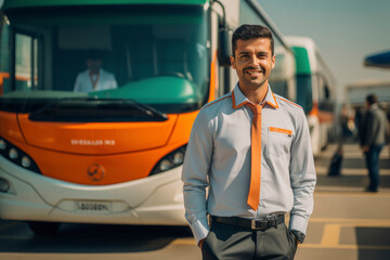 young indian corporate employee standing in front of bus