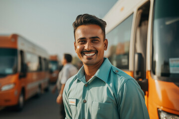 young indian corporate employee standing in front of bus