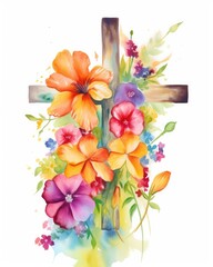 Obraz na płótnie Canvas Cross surrounded by vibrant colorful flowers in the style of watercolor, generative ai