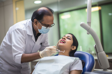 Dentist examining female patient teeth at hospital