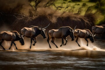 wildebeest in the serengeti national park city - obrazy, fototapety, plakaty