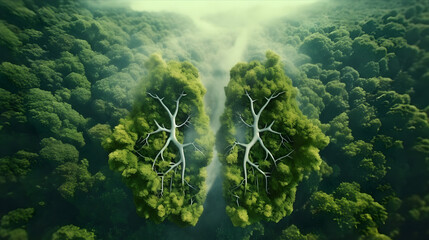 Shape of lungs in middle of forest with a view from above. Concept of nature protection, cleanliness, breathing and natural reduction of CO2 - obrazy, fototapety, plakaty