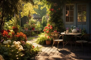 Fototapeta na wymiar Beautiful summer garden with table and chairs. Sunny day in autumn.