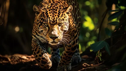 Foto op Plexiglas a prowling jaguar in a Central American rainforest, its spotted coat blending with the shadows © Ishtiaaq