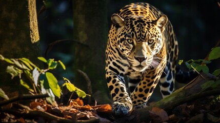 a prowling jaguar in a Central American rainforest, its spotted coat blending with the shadows