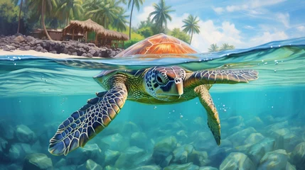 Poster a sea turtle gracefully swimming in crystal-clear ocean waters, its ancient lineage and grace in motion © Ishtiaaq