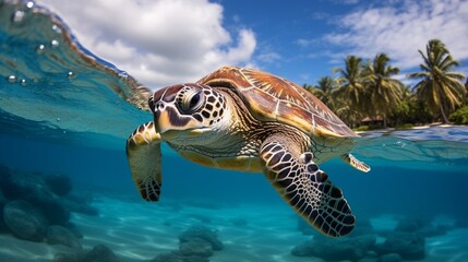 a sea turtle gracefully swimming in crystal-clear ocean waters, its ancient lineage and grace in motion