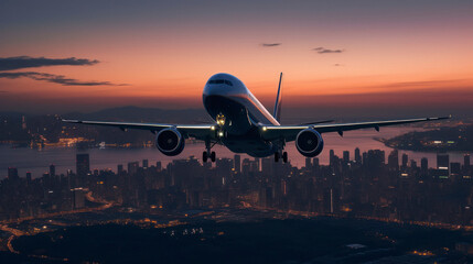 Fototapeta na wymiar Airplane in the sky at sunrise or sunset