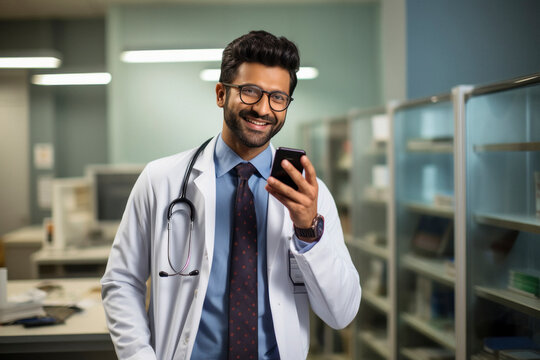 indian male doctor in uniform and using smartphone.