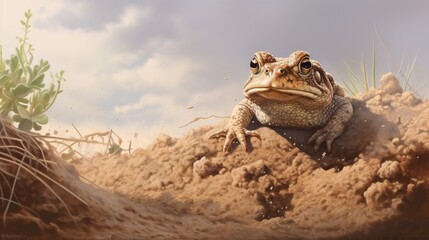 a spadefoot toad emerging from its burrow after a desert rain, symbolizing the resilience of amphibians in arid environments - obrazy, fototapety, plakaty