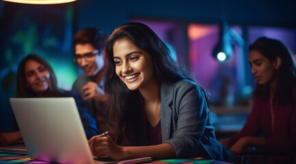 Corporate employees working on laptop at office.