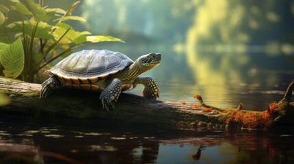 a terrapin basking on a sun-drenched log in a serene pond, its distinctive shell and webbed feet in focus - Powered by Adobe