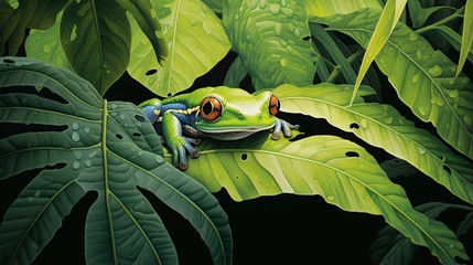 Gordijnen a tropical rainforest canopy, where a vibrant tree frog clings to a leaf, providing a glimpse of its natural habitat © Ishtiaaq