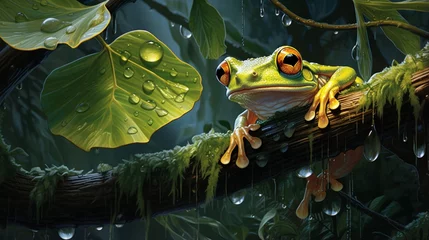 Poster a tropical rainforest canopy, where a vibrant tree frog clings to a leaf, providing a glimpse of its natural habitat © Ishtiaaq