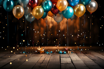 birthday party balloons, colourful balloons background and birthday cake with candles	 - obrazy, fototapety, plakaty