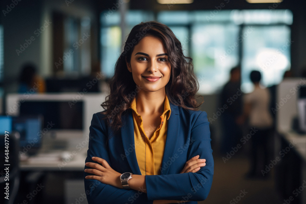 Wall mural successful female corporate employee standing at office