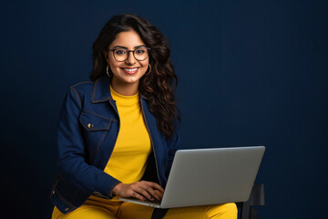 Indian college girl smiling while using laptop - obrazy, fototapety, plakaty