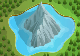 mountains in the middle of lakes and forests