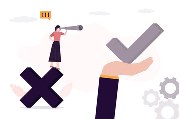 Woman stands on cross and looks through telescope. Finding right solution, or direction. Giant hand holding checkmark. Business assistance, mentorship.