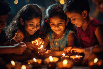Indian kids enjoying Diwali - obrazy, fototapety, plakaty