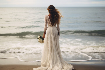 Fototapeta na wymiar Bride on the beach, Unrecognizable young woman in wedding dress looking on the ocean
