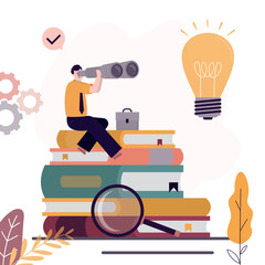 Finding innovative ideas, reading books helps creativity. Student sitting on textbooks and looking binoculars. Businessman takes online courses, webinars.