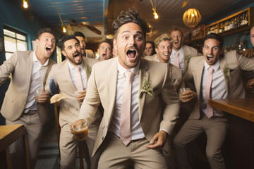 Group of young men celebrating at a party. Bachelor party - obrazy, fototapety, plakaty
